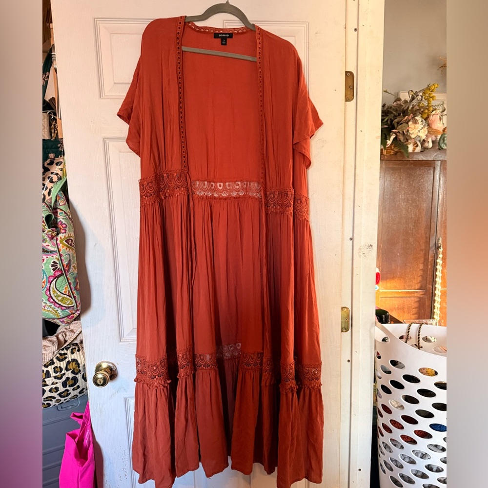 Torrid Terracotta Maxi Cardigan/Coverup with Lace Accents - Picture 2 of 5